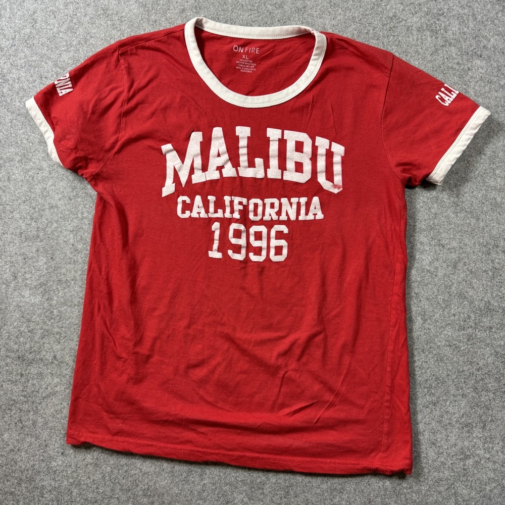 On Fire Womens Malibu Ringer Tee XL Red White Graphic Cotton Short Sleeve